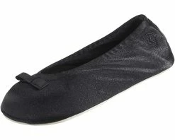 Isotoner Women's Satin Ballerina Slipper, Suede Sole, Black Ribbon Bow, 11-12